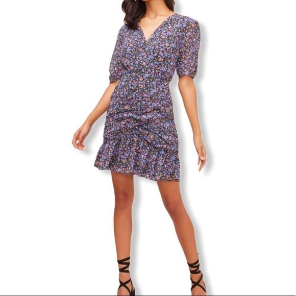 Astr Shirred Bottom Purple Floral Mini Dress NWT - Picture 3 of 15